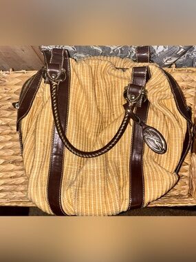 Francesco Biasia Yellow Canvas Hobo with Dark Brown Leather Trim